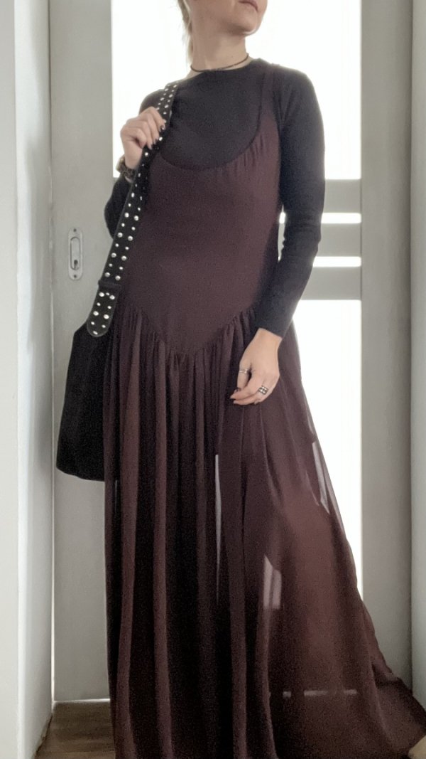 Brązowa maxi zwiewna sukienka Bardot Boho vintage