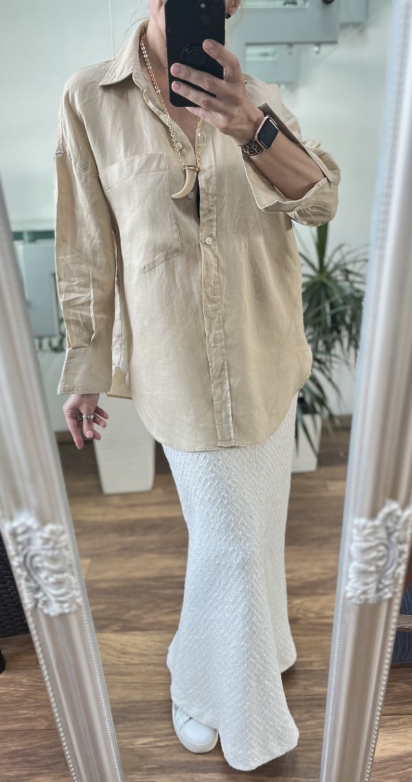 Beżowa Koszula Zara Len Casual Oversize