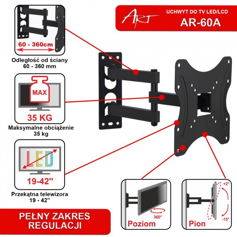 UCHWYT DO TV LED/LCD 19-42&quot; 35KG AR-60A ART reg. pion/poziom