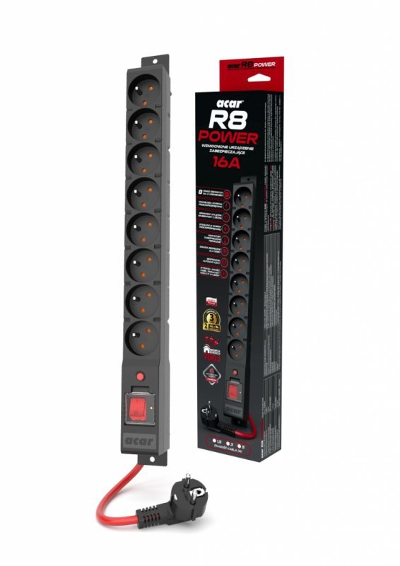 Urządz. zas.-zabezpiecz. acar R8 POWER 16A, czarny 5m W2452