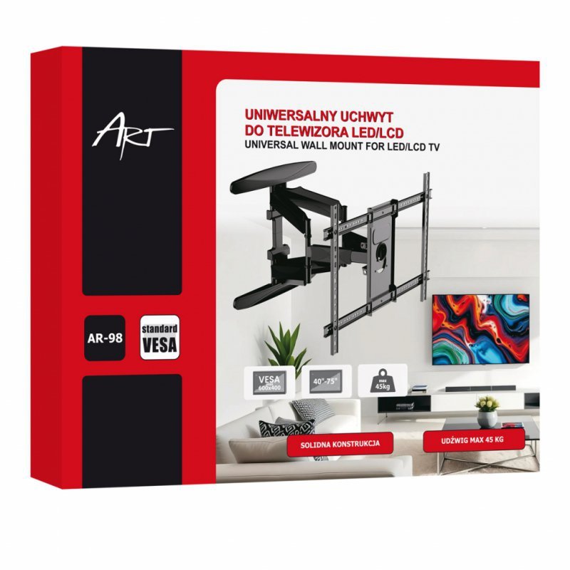 UCHWYT DO TV LCD/LED 40-75" 45KG AR-98 ART reg. pion i poziom 58-500mm maxVESA 600x400