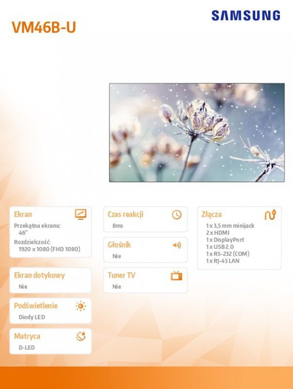 Samsung Monitor profesjonalny VM46B-U 46 cali Video wall Matowy 24h/7 500(cd/m2) 1920 x 1080(FHD) N/A  3 lata On-Site (LH46VMBUB
