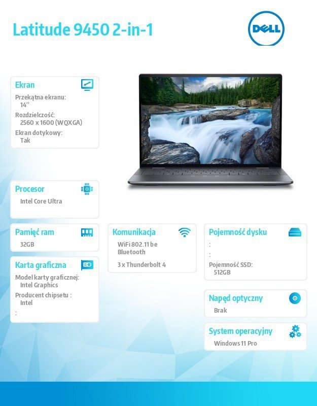 Dell Notebook Latitude 9450 2in1 Win11Pro Ultra 7 165U/32GB/512GB SSD Gen4/14.0 QHD+ Touch/Int/FgrPr/FHD/IR Cam/Mic/WLAN+BT/Back