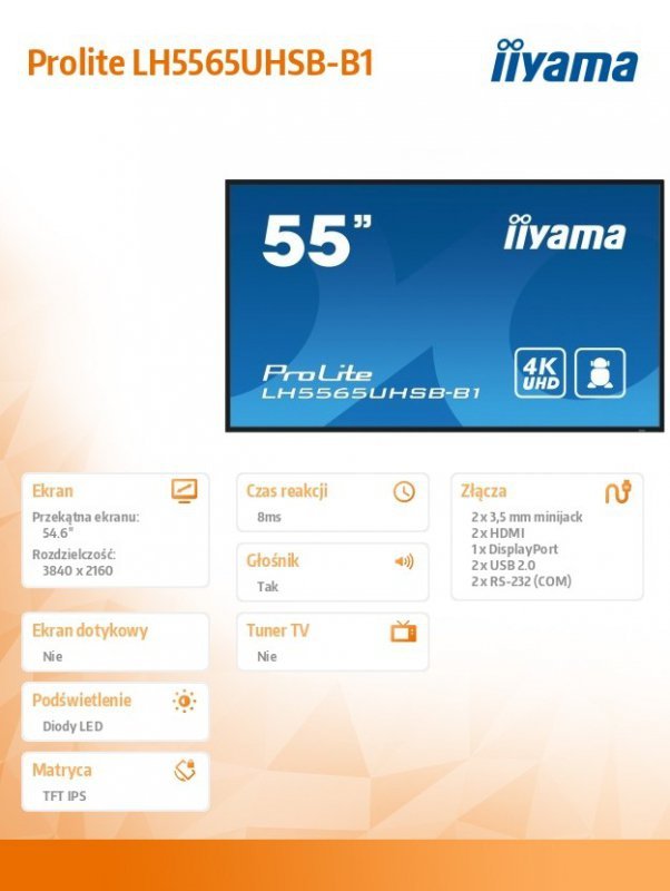 IIYAMA Monitor 55 cali LH5565UHSB-B1, 24/7, IPS, ANDROID 11, 4K, 800cd, iiSignage2, SDM, 2x HDMI, DP, 2x USB,2x 10W, RJ45, WiFi,