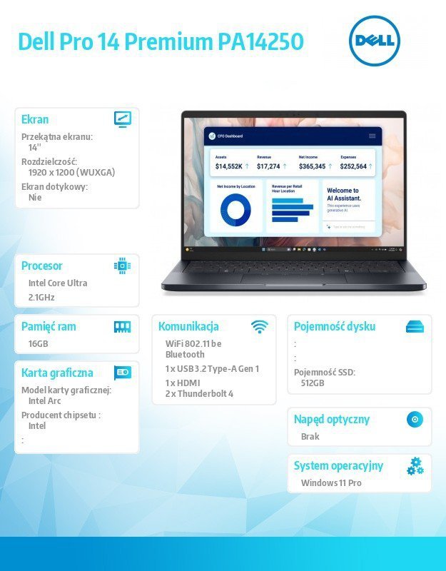 Dell Laptop Dell Pro 14 Premium PA14250 W11P Ultra 5 236V/16GB/512GB/14.0 FHD+ 400nit/Arc/FgrPr/Cams&Mic/WLAN+BT/BcklKb/3C/vPro/