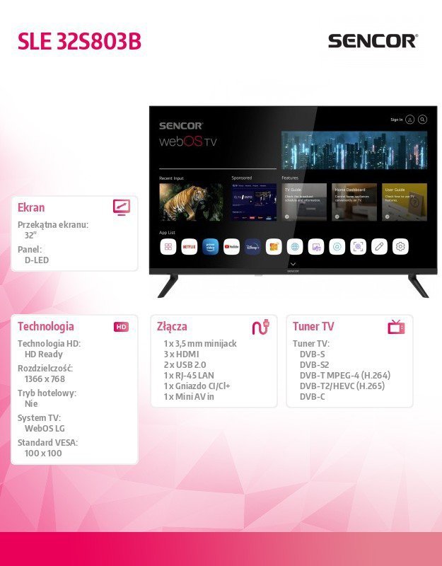 Sencor Telewizor 32 cale Smart webOS LG SLE 32S803B DVB-T/T2/C/S/S2 BT5
