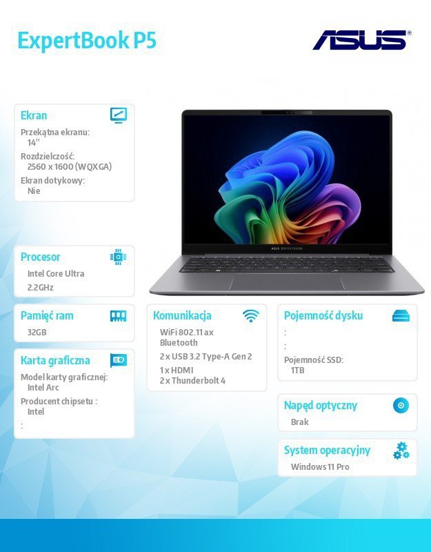 Asus Notebook P5405CSA-NZ0408X ultra 7 258V/14 cali WQXGA/32GB/1TB/ Win 11 PRO/3YRS