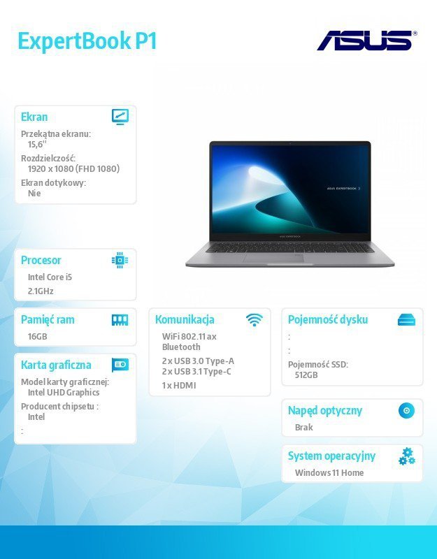 Asus Notebook ExpertBook P1503CVA-S70860W i5-13420H/15.6 cali FHD/16GB/512GB/ Win 11 HOME/3YRS