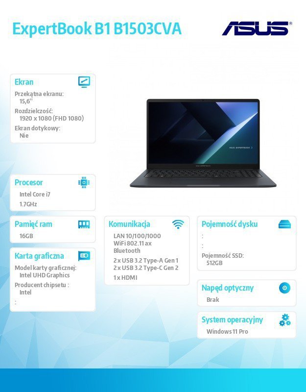 Asus Notebook ExpertBook B1 B1503CVA-S71644X - i7-1355U/16GB/512GB/15.6 FHD/Win 11 PRO/3YRS