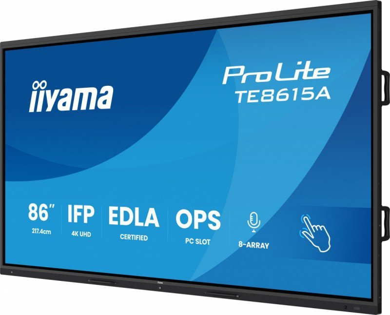 IIYAMA Monitor 86 cali TE8615A-B1AG IPS,4K,40pkt,550cd,DeepContrast-IR+,    HDMI x2,DP,USB-C, 2 x 20W, OPS Slot x1, 5xUSB, 2xRJ45,8-Array,EDLA, WiFi,PiP, iiW