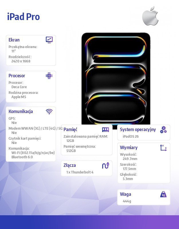 Apple iPad Pro 11-calowy Wi-Fi 512 GB ze standardowym szkłem - Gwiezdna czerń