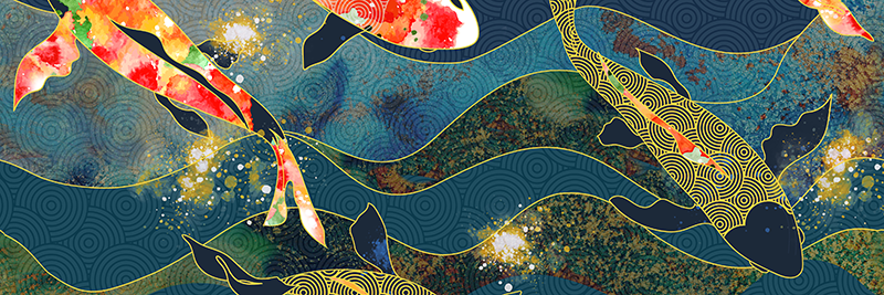 CERAMIKA BIANCA deep blue red koi dekor 2 300x900 mm Opak. 4 g1 szt