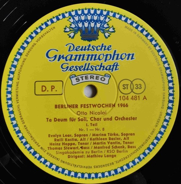 Otto Nicolai - Berliner Festwochen 1966 : Te Deum Für Soli, Chor Und Orchester (LP)