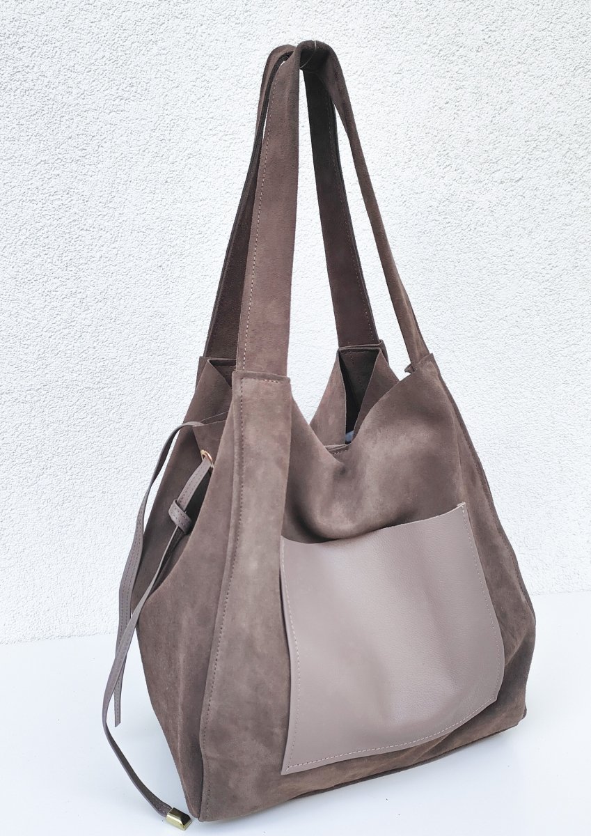 Zamszowy beżowy worek skóra naturalna mocha mousse - Shoppery