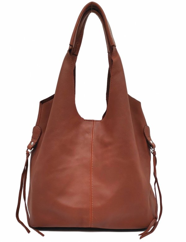 Brązowa Torebka Shopper z Naturalnej Skóry - 2w1