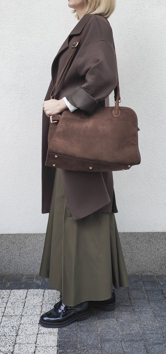 Zamszowa torebka kuferek skóra naturalna brązowa cynamonowa