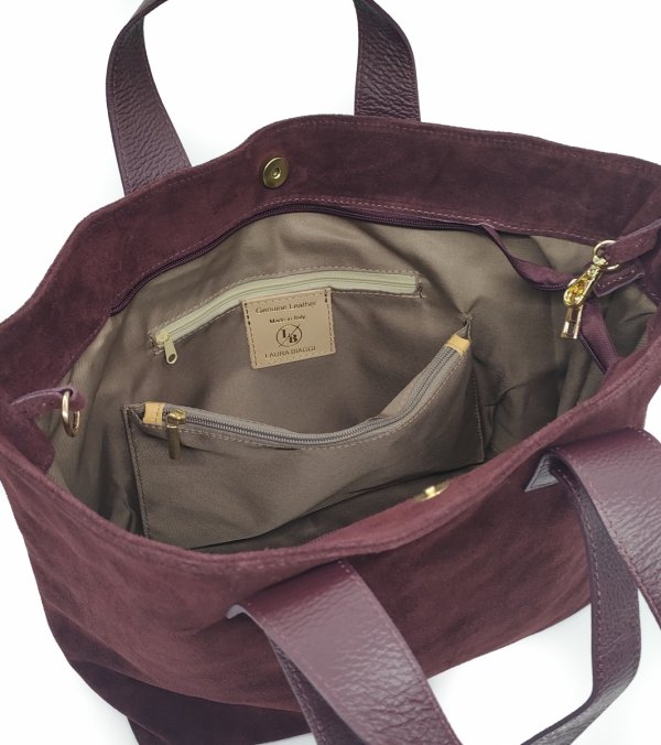 Torebka shopper zamszowa Vera Pelle skóra bordowa Laura Biaggi