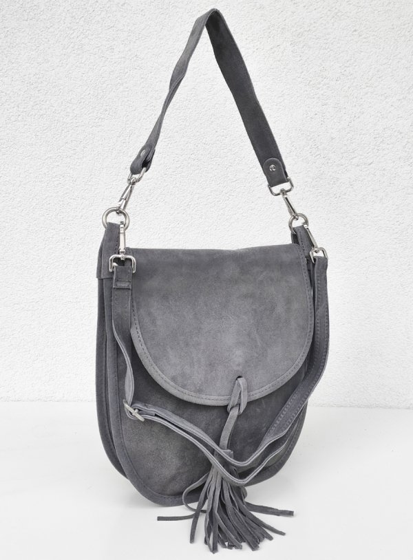 Zamszowa listonoszka torebka szara z frędzlem vera pelle