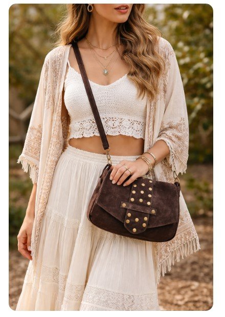 Zamszowa czekoladowa torebka listonoszka z ćwiekami