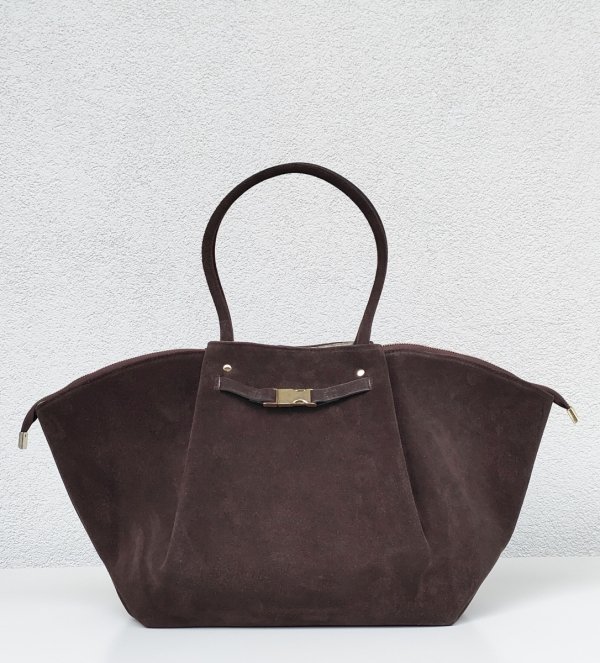 Torebka shopper zamszowa Vera Pelle skóra brązowa czekoladowa Laura Biaggi