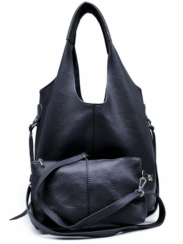 Czarna Torebka Shopper z Naturalnej Skóry - 2w1