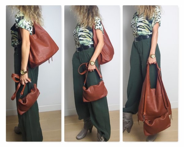 Brązowa Torebka Shopper z Naturalnej Skóry - 2w1