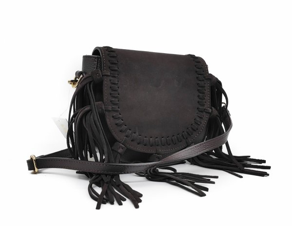 Zamszowa torebka listonoszka skóra brązowa czekoladowa frędzle