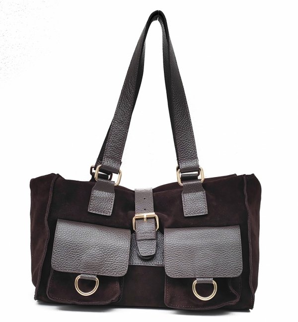 Torebka shopper zamszowa Vera Pelle skóra czekoladowa