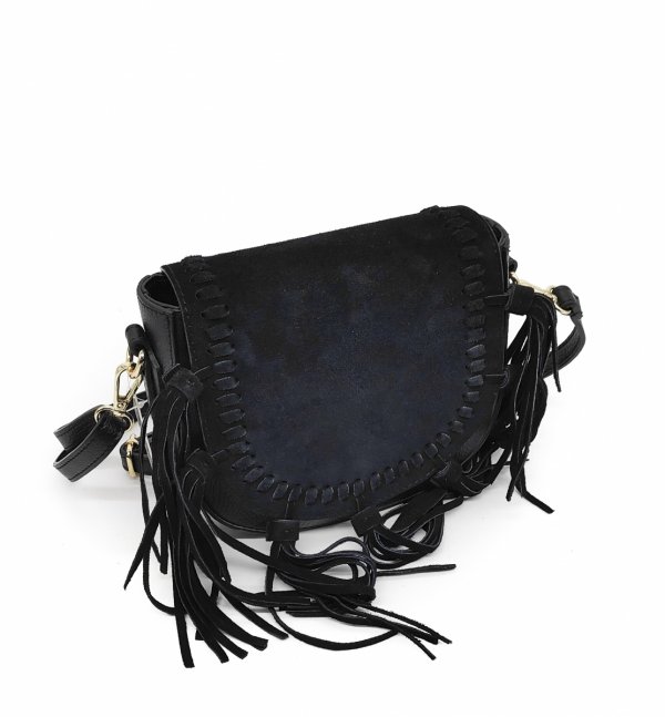 Zamszowa torebka listonoszka skóra brązowa czarna frędzle