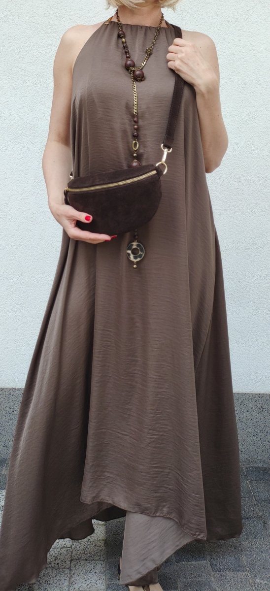 Zamszowa saszetka nerka Vera Pelle skóra naturalna brązowa ciemna czekolada