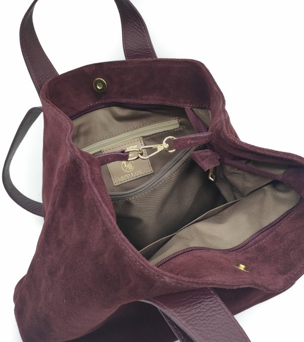 Torebka shopper zamszowa Vera Pelle skóra bordowa Laura Biaggi