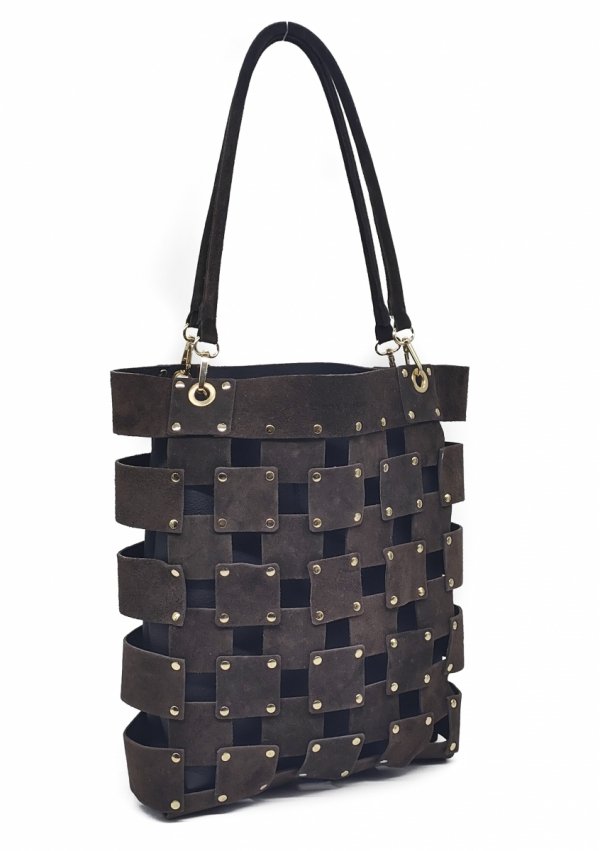 Torebka shopper zamszowa Vera Pelle skóra czekoladowa Laura Biaggi