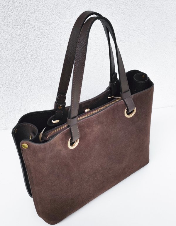 Klasyczna modna torebka aktówka zamszowa czekoladowa