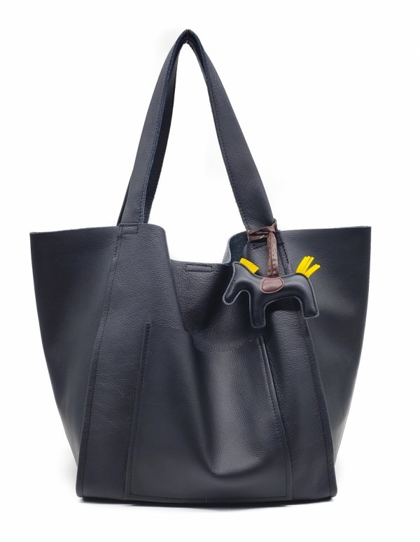 Czarny shopper worek Torebka z Naturalnej Skóry - 2w1