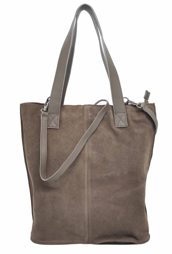 Zamszowa torebka shopper skórzana Vera Pelle beżowa taupe do pracy szkoły