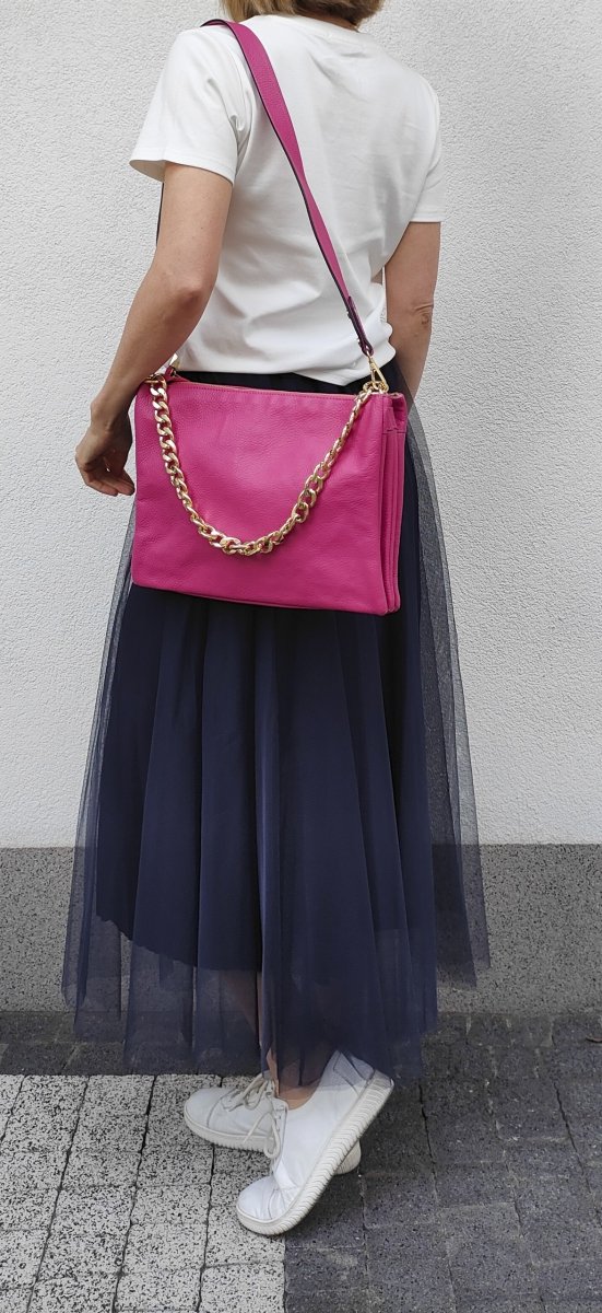 Duża listonoszka skóra naturalna różowa fuksja dwa paski