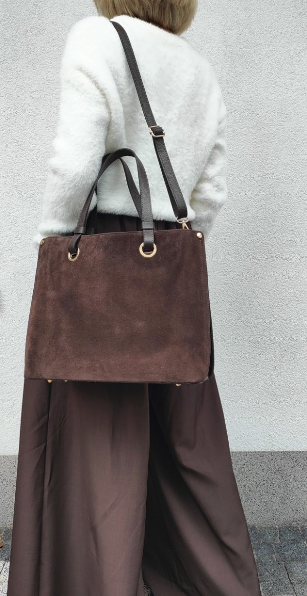 Klasyczna modna torebka aktówka zamszowa czekoladowa