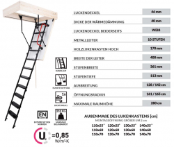 Bodentreppe OMAN SOLID EXTRA Dachbodentreppe mit Metallleiter  U=0,85 max Belastung bis 210 kg weiße Öffnungsklappe Raumhöhe 280