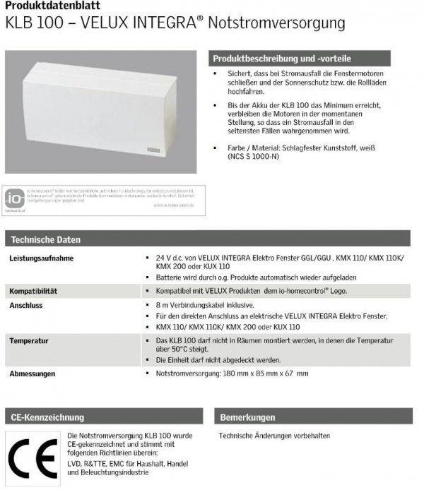 VELUX INTEGRA® Notstromversorgung (KLB 100)  system io-homecontrol® - Produkten