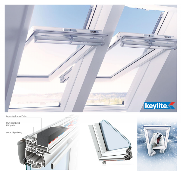 Dachfenster Keylite Polar PVC PCP Thermal Schwingfenster Kunststoff mit Wärmedämmblock Weiß PVC 2-fach-Verglasung Uw= 1,3 Bad-Dachfenster