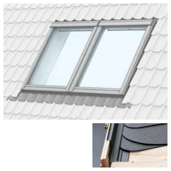 Doppelte Eindeckrahmen Velux EBS um Einbau von Fenstern mit einem Abstand von 18 mm Für Flachdachmaterialien mit einer Dicke von bis zu 16 mm (2 x 8 mm) für Bitumenschindel, Dachpappe, Metallblech Bitumenschindel, Dachpappe