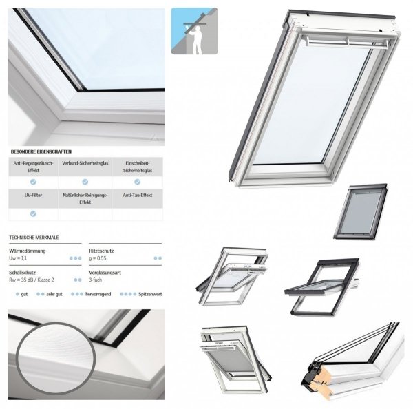 VELUX Dachfenster GGL 2068 Schwingfenster Holz/Kiefer weiß lackiert ENERGIE Uw= 1,0 Fenster Holz weiß lackiert, Lüftungsklappe und Luftfilter, ESG Außen, VSG innen, Anti-Tau-Effekt