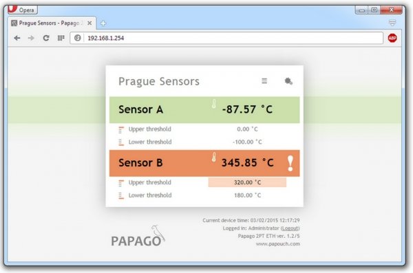 Papouch 2PT_ETH PAPAGO moduł pomiarowy internetowy dwukanałowy sondy Pt100/Pt1000 zasilanie PoE, Pt100, Modbus TCP, Ethernet, LAN, IP