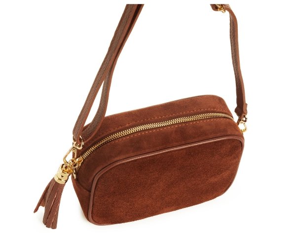 Damska skórzana torebka wizytowa listonoszka Solome Madeira koniakowa zamszowa z góry