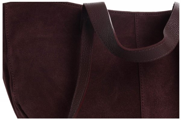Skórzana torba damska włoska torebka miejska Solome Moza bordowa zamszowa detal
