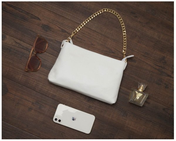 Damska skórzana kopertówka torebka wizytowa Solome Inka biała plener 