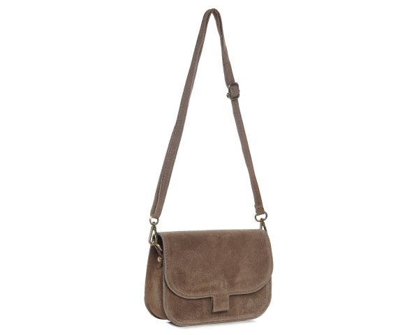 Damska skórzana torebka wizytowa listonoszka Solome Capri taupe zamszowa na pasku