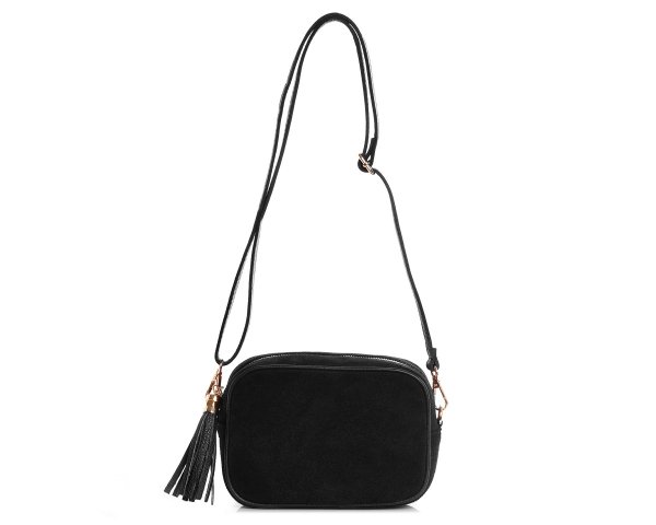 Damska skórzana torebka wizytowa listonoszka Solome Madeira czarna zamszowa na pasku