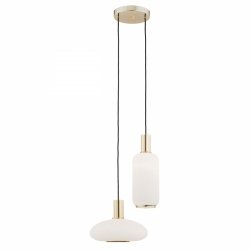 Elegancka szklana lampa wisząca na okrągłej podsufitce 2 klosze dwa różne kształty mleczne szkło złote dodatki SAGUNTO 896 Argon