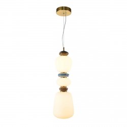 Designerska złota lampa wisząca LED dekoracyjne elementy z ceramiki szklane białe klosze EVANS PND-94981V-3A-GD Italux nad wyspę stół Art Deco